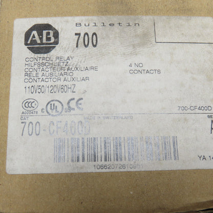 Allen Bradley 700-CF400D Control Relay 110/120V 50/60Hz Coil 4 N/O Contacts