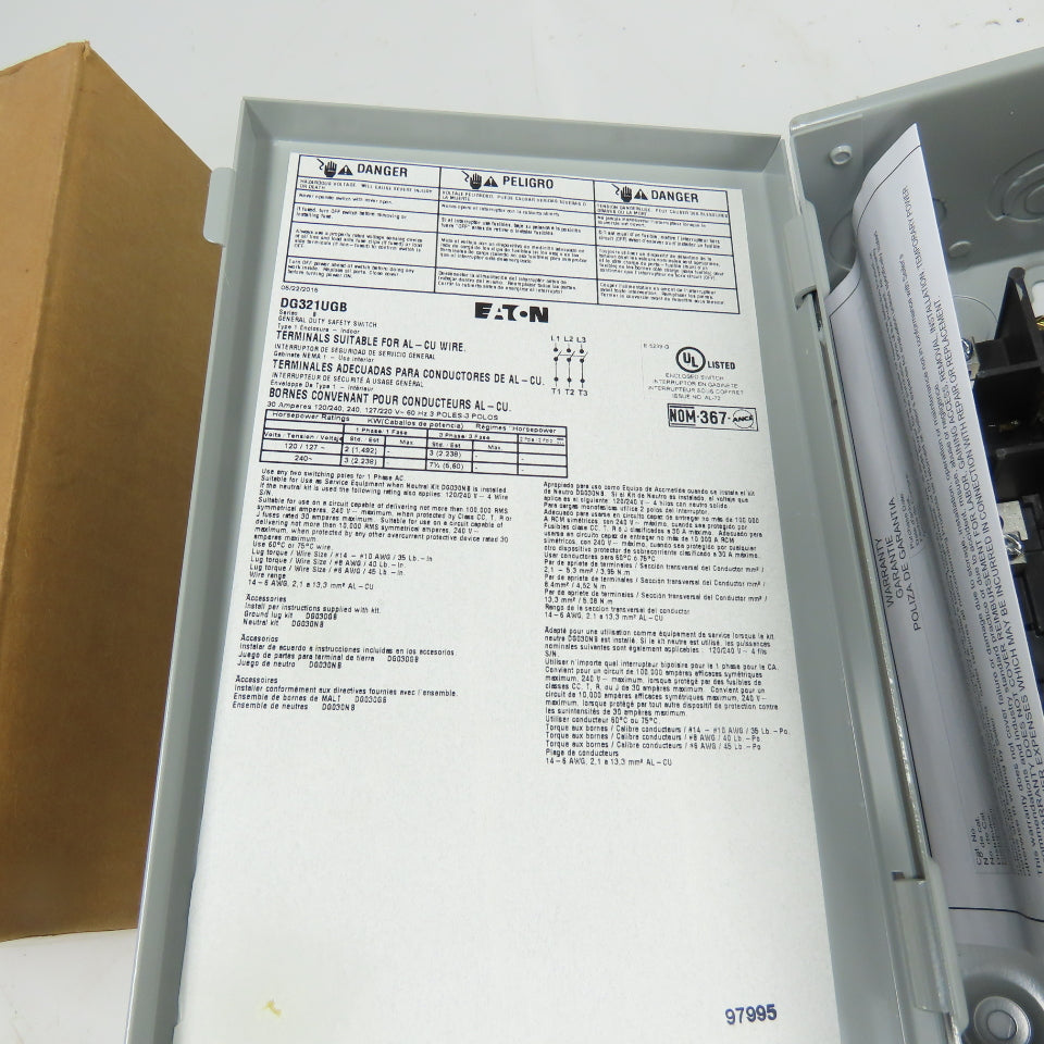 Eaton DG321UGB Ser B 30A Fusible Safety Disconnect Switch 240VAC 3-Pole