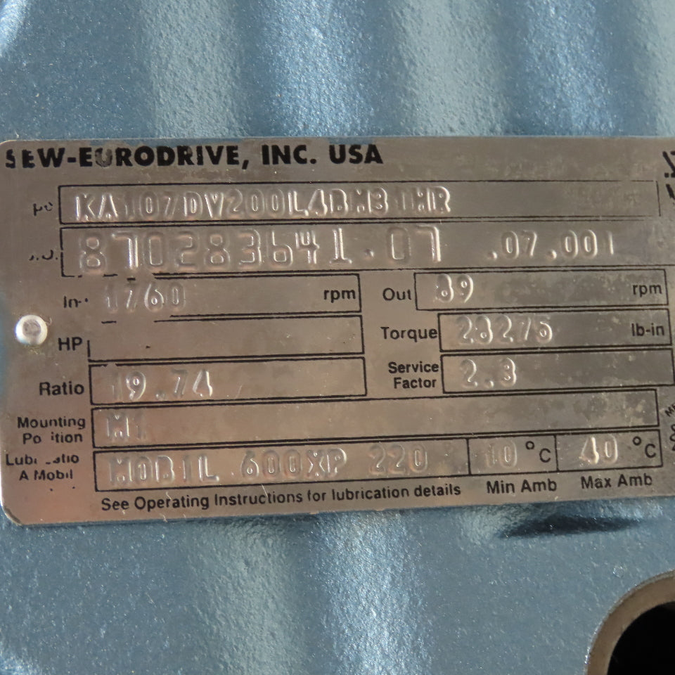 Sew KA107DV200L4BH31HR 19.74:1 Ratio Gear Reducer 89RPM 28275In/Lb. No Motor