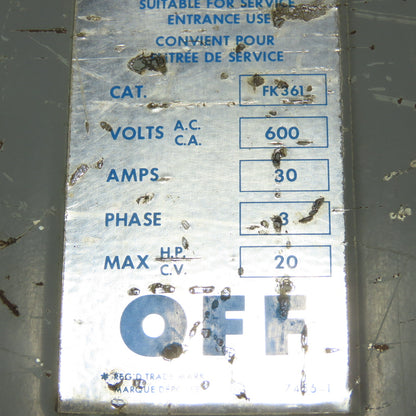 ITE FK361 30A Fusible Safety Disconnect Switch 600V 3Ph