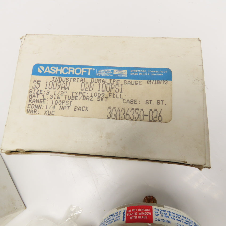 Ashcroft 351009AW02B 100PSI 3-1/2" Duralife Pressure Gauge 1/4" NPT Back Lot/2