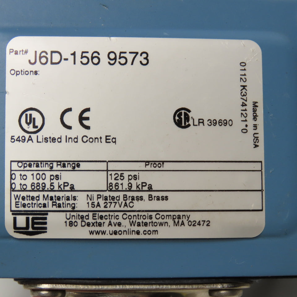 United Electric Controls J6D-156 9573 0-100PSI Pressure Switch 1/4" NPT 277VAC