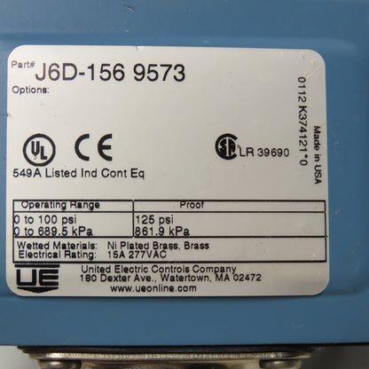 United Electric Controls J6D-156 9573 0-100PSI Pressure Switch 1/4" NPT 277VAC