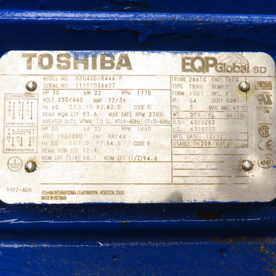 TOSHIBA 0304SDRSR44A-P 30HP Electric Motor 230/460V 1770RPM 286TC Frame Tested