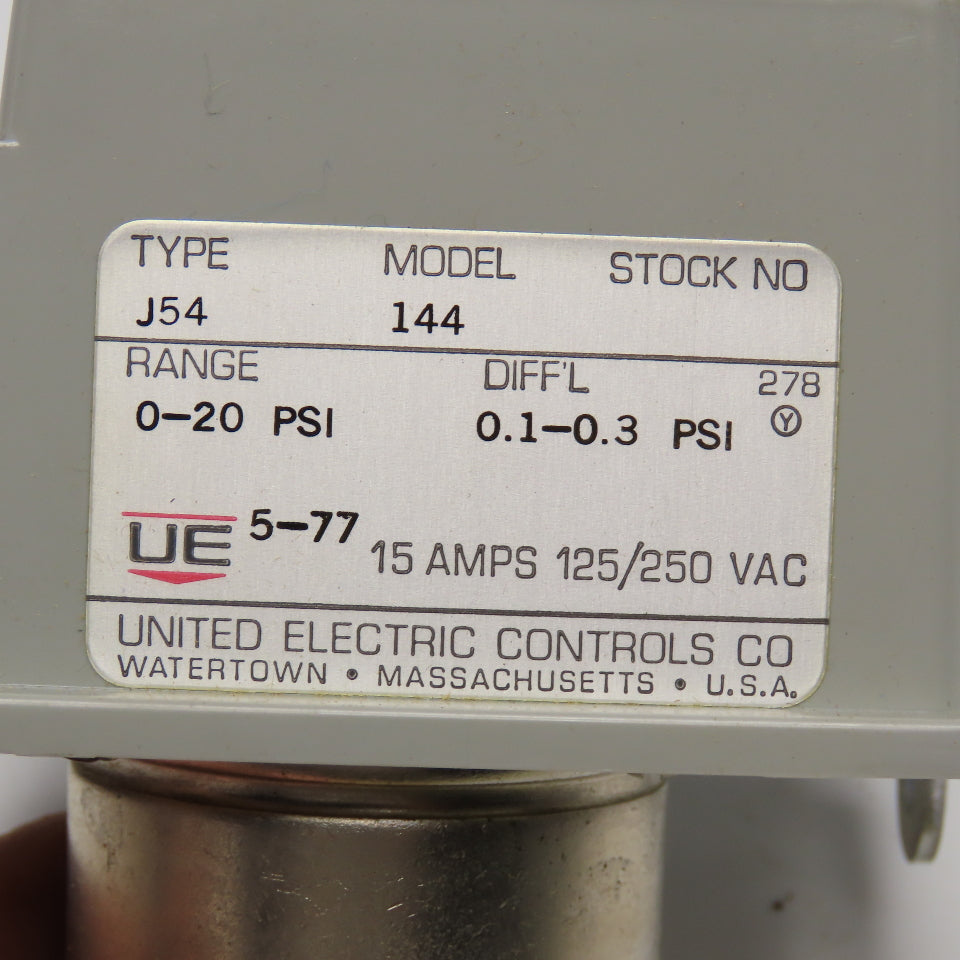 United Electric J54 Model 144 Pressure Switch 0-20PSI 125/250VAC 0.1-0.3PSI Diff