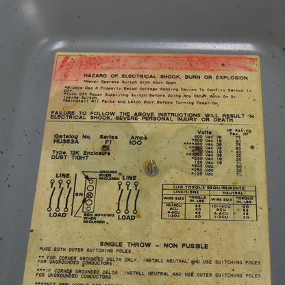 Square D HU363A 100A Non Fusible Heavy Duty Safety Disconnect Switch 600VAC