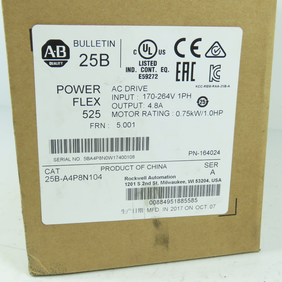 Allen Bradley 25B-A4P8N104 PowerFlex 525 AC Drive 1.0HP 1Ph 200-240V In 3Ph Out