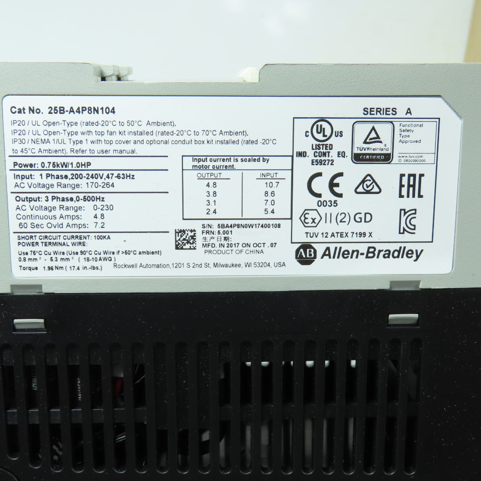 Allen Bradley 25B-A4P8N104 PowerFlex 525 AC Drive 1.0HP 1Ph 200-240V In 3Ph Out