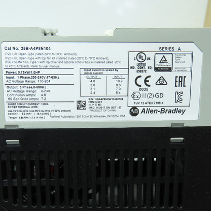 Allen Bradley 25B-A4P8N104 PowerFlex 525 AC Drive 1.0HP 1Ph 200-240V In 3Ph Out