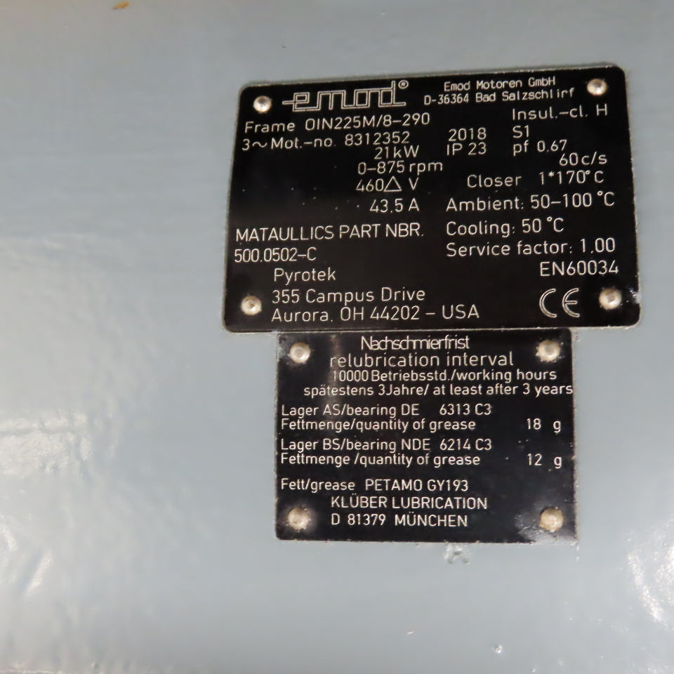 Emod OIN225M/8-290 21kW AC Motor 460V 3PH 0-875RPM IP23 Tested