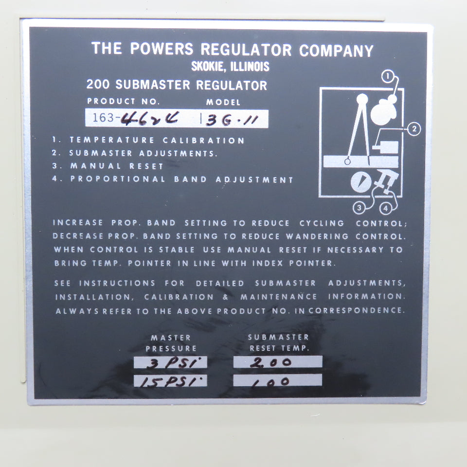 Powers Regulator Co. 163-4624 3G-11 200 Submaster Regulator 3-15PSI 25-250°F