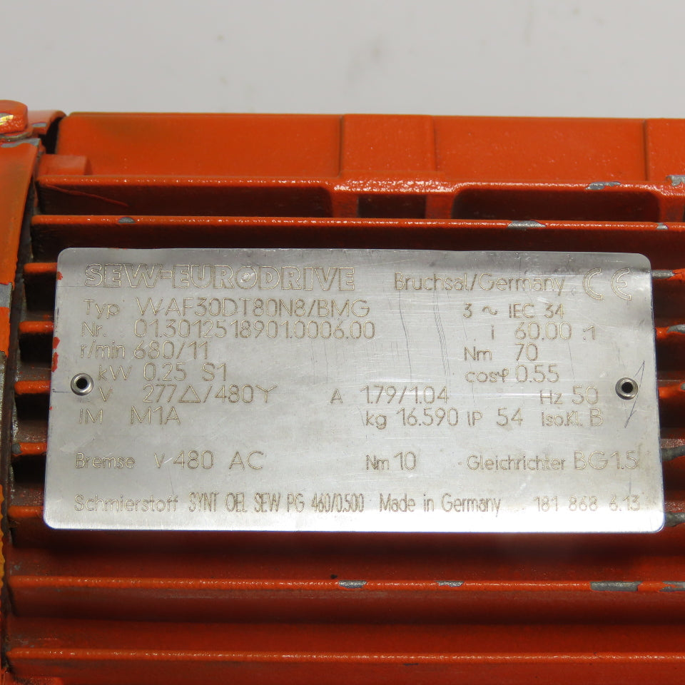 Sew-Eurodrive WAF30DT80N8/BMG 60:1 Ratio Gear Motor 0.25KW 277/430V 3Ph