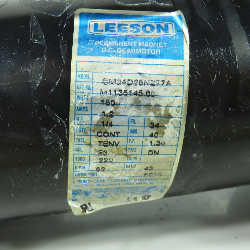 Leeson M1135145.00 43:1 Ratio 1/4HP Parallel DC Gearmotor 180V 62RPM 220IN-LB