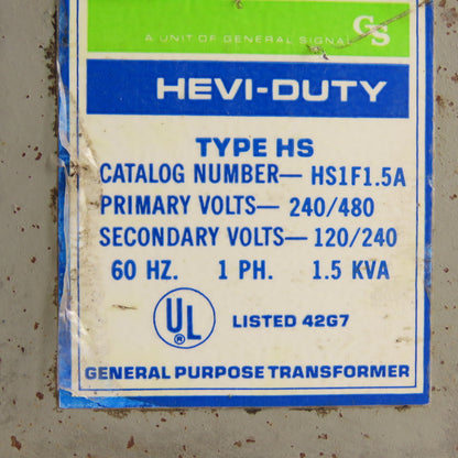 Hevi-Duty HS1F1.5A 1.5KVA 1Ph General Use Transformer Pri 240/480V Sec 120/240