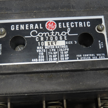General Electric CR7006E 101ET Size 3 Motor Starter 600V 50Hp 110V 40Hz Coil