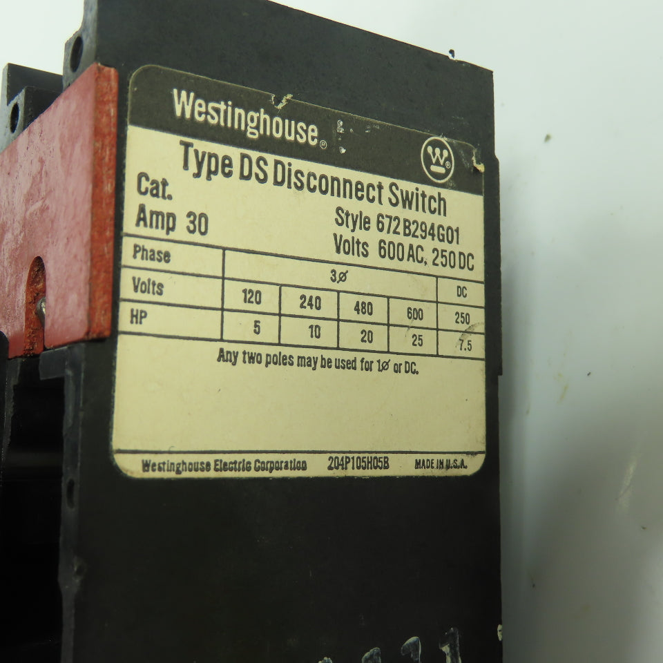 Westinghouse 672B294G01 Type DS 30A 3-Pole Disconnect Switch 600VAC 250VDC 7.5HP