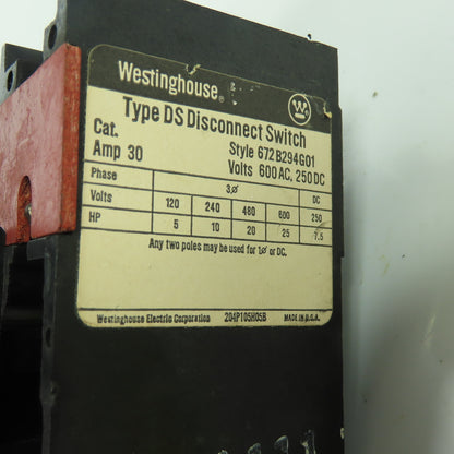 Westinghouse 672B294G01 Type DS 30A 3-Pole Disconnect Switch 600VAC 250VDC 7.5HP