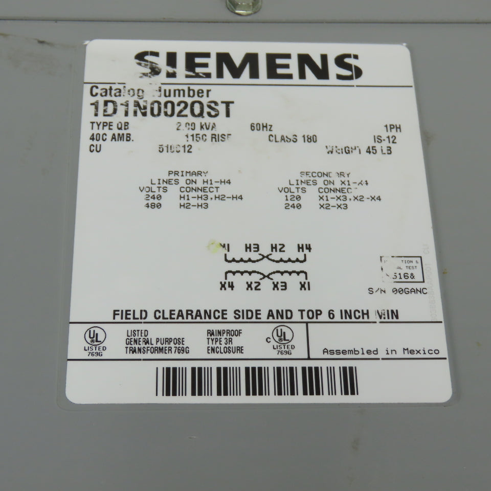 Siemens 1D1N002QST 2KVA Transformer 240/480V Pri 120/240V Sec 1PH
