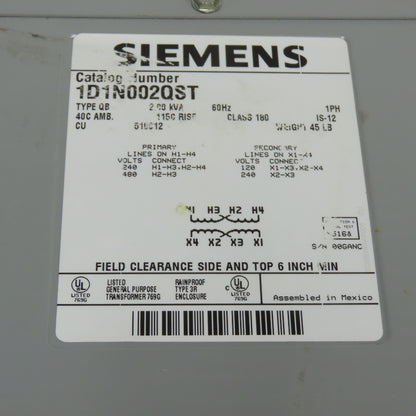 Siemens 1D1N002QST 2KVA Transformer 240/480V Pri 120/240V Sec 1PH