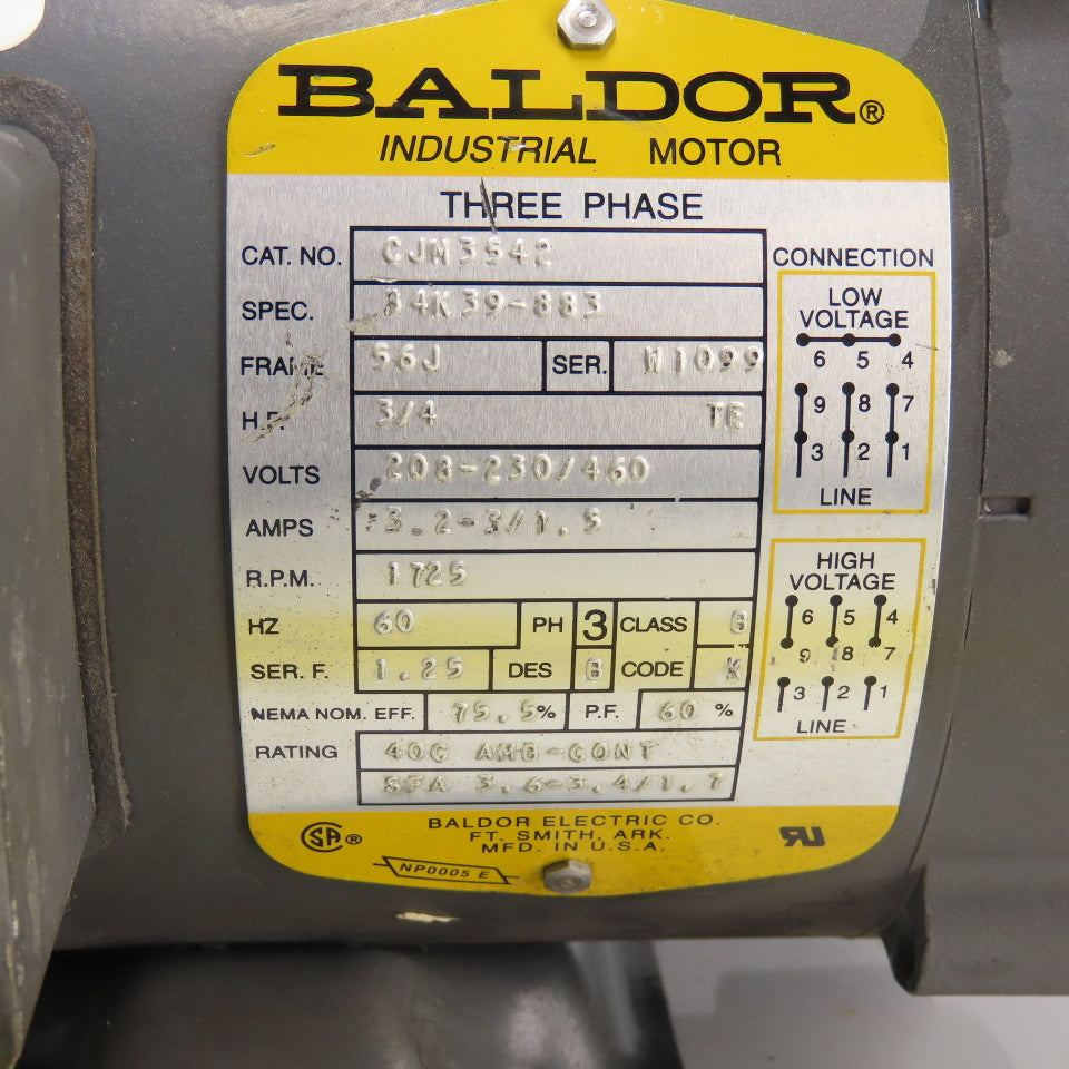 Baldor CJM3542 3/4HP AC Electric Motor 230/460V 3Ph 56J Frame 1725RPM Tested