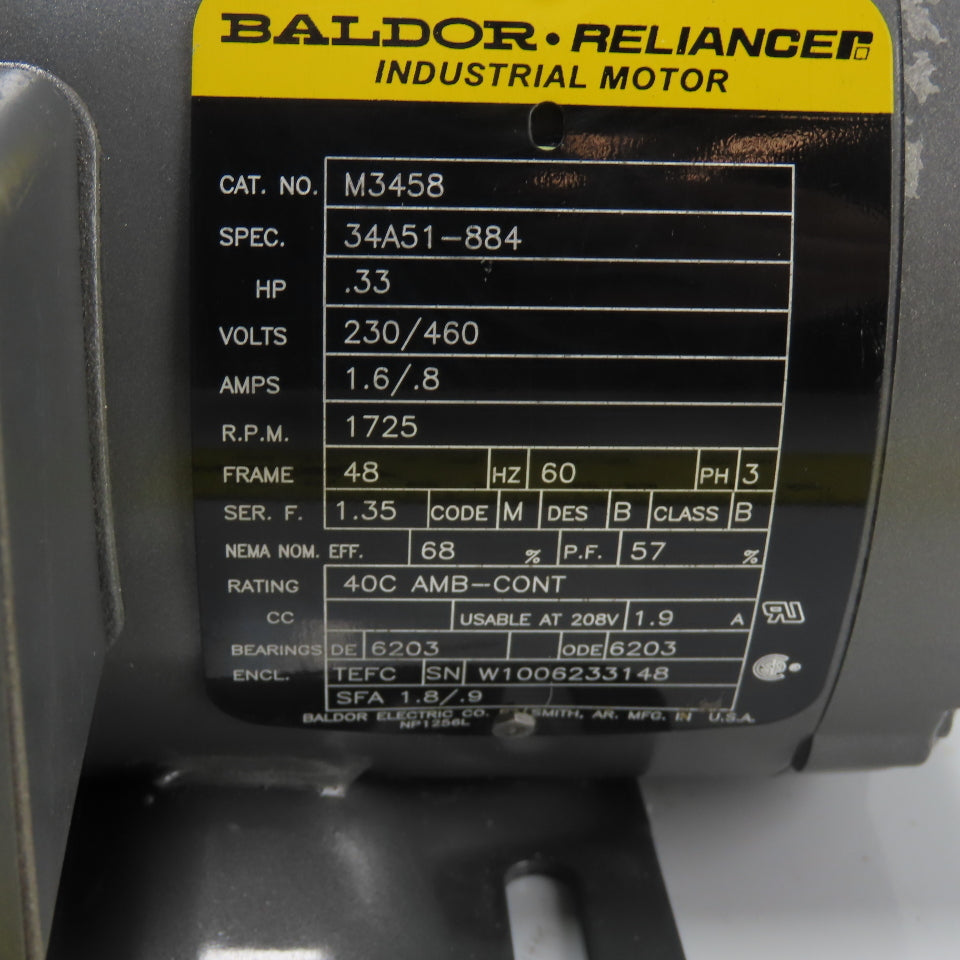Baldor M3458 .33HP AC Electric Motor 230/460V 3Ph 48 Frame 1725RPM