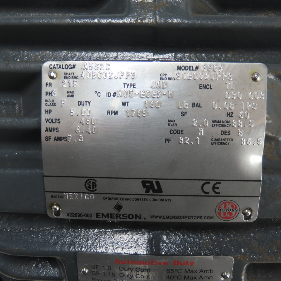 Emerson A5S2C 5HP AC Electric Motor 460V 3Ph 1765RPM 215 Frame Tested
