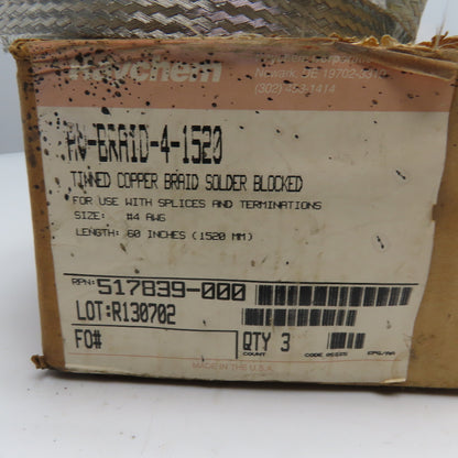 Raychem HV-BRAID-4-1520 Tinned Copper Braided Splice Strip #4AWG 60" Lot Of 3