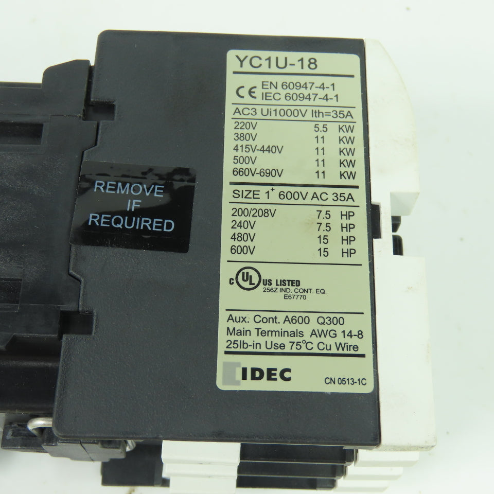 Idec YC1U-18 Contactor 600VAC 35A 120V Coil