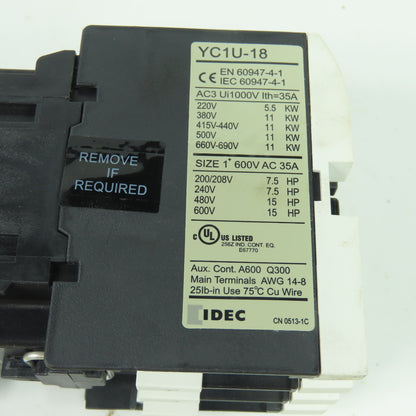 Idec YC1U-18 Contactor 600VAC 35A 120V Coil