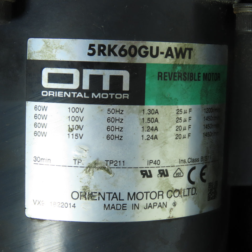 Oriental 5GU120RH 5RK60GU-AWT 60W Reversible Gear Motor 120:1 Ratio 115V 1Ph