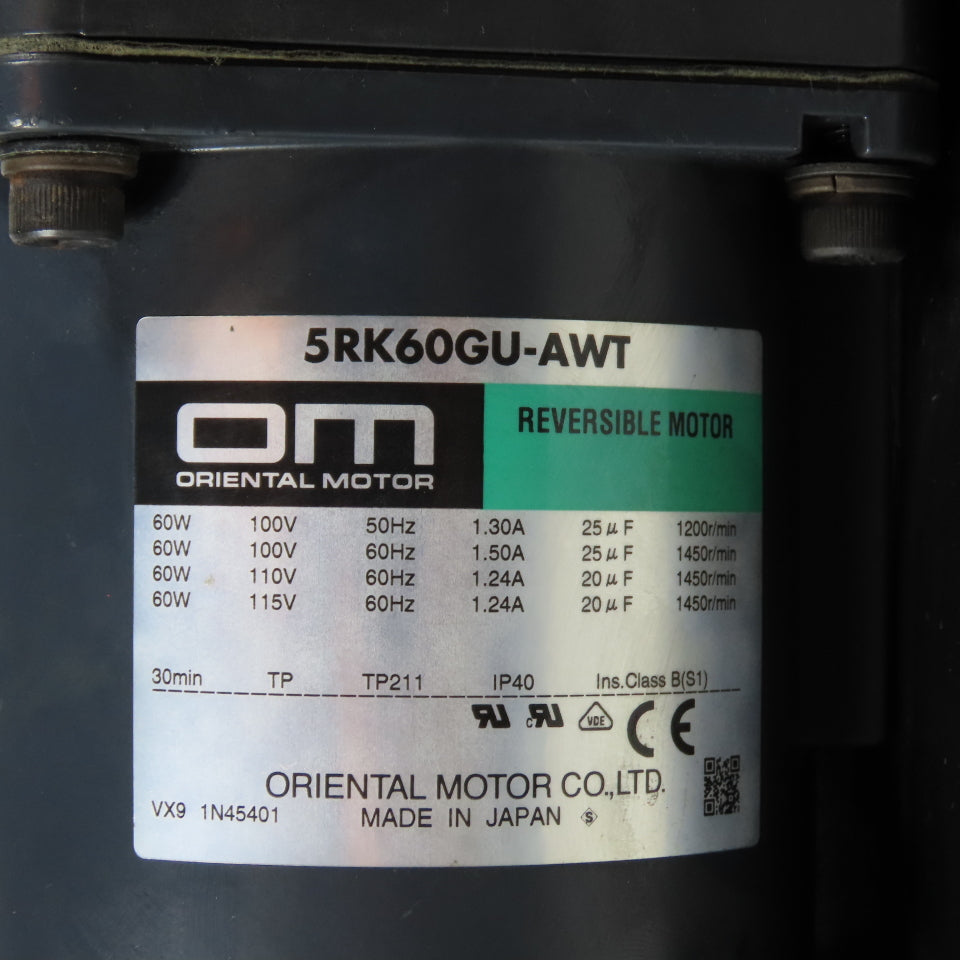 Oriental Motor 5GU60RH 5RK60GU-AWT 60W Reversible Gear Motor 60:1 Ratio 115V 1Ph