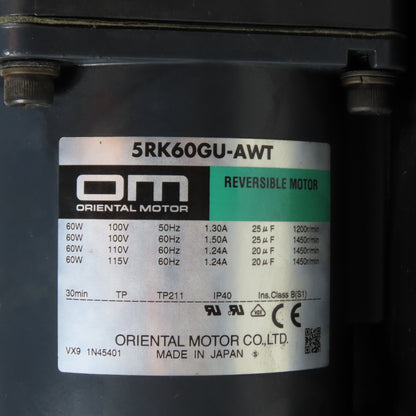 Oriental Motor 5GU60RH 5RK60GU-AWT 60W Reversible Gear Motor 60:1 Ratio 115V 1Ph