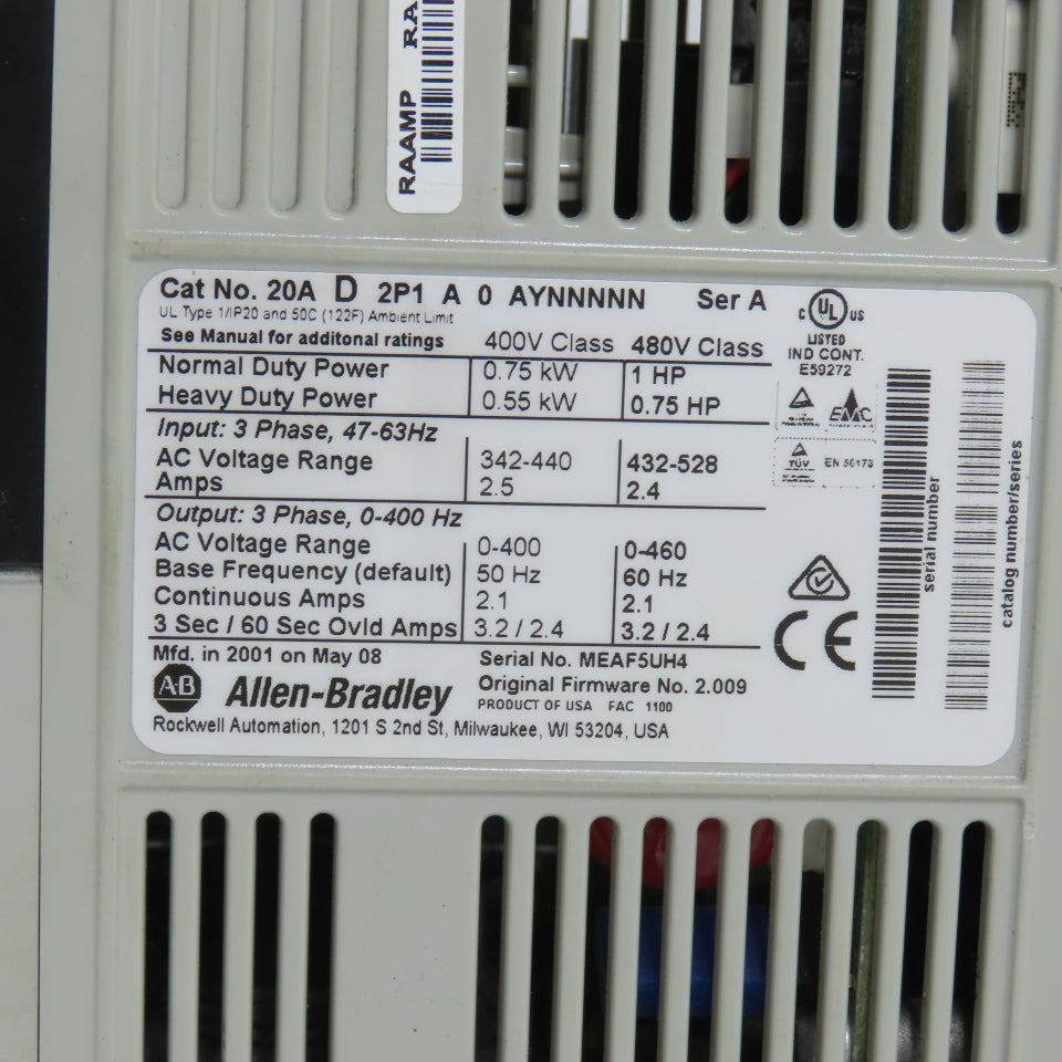Allen Bradley 20AD2P1A0AYNNNNN Ser A PowerFlex 70 AC Drive 1HP 3PH 0-460V