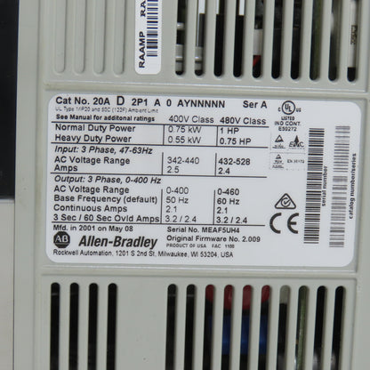 Allen Bradley 20AD2P1A0AYNNNNN Ser A PowerFlex 70 AC Drive 1HP 3PH 0-460V