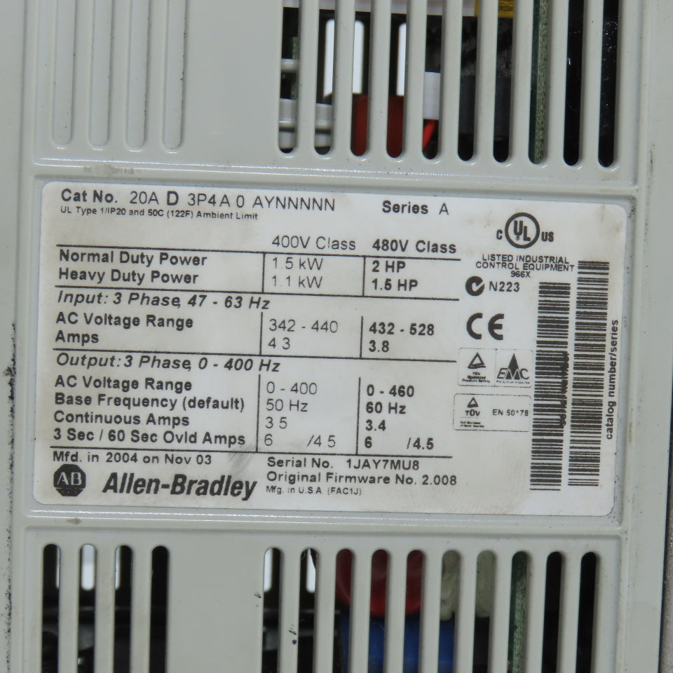 Allen Bradley 20AD3P4A0AYNNNNN Ser A PowerFlex 70 AC Drive 2HP 3PH 0-460V
