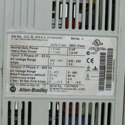 Allen Bradley 20AD3P4A0AYNNNNN Ser A PowerFlex 70 AC Drive 2HP 3PH 0-460V