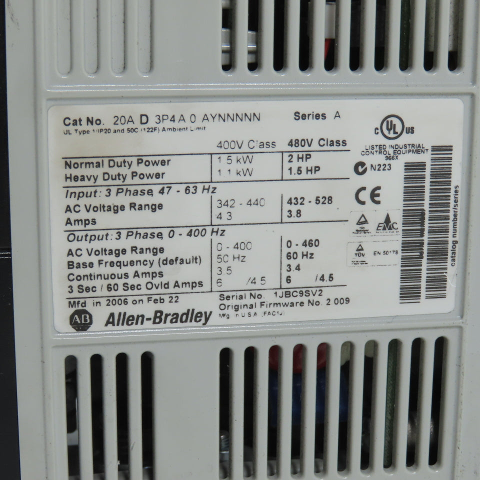 Allen Bradley 20AD3P4A0AYNNNNN Ser A PowerFlex 70 AC Drive 2HP 3PH 460V W/Keypad