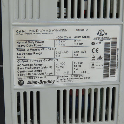 Allen Bradley 20AD3P4A0AYNNNNN Ser A PowerFlex 70 AC Drive 2HP 3PH 460V W/Keypad