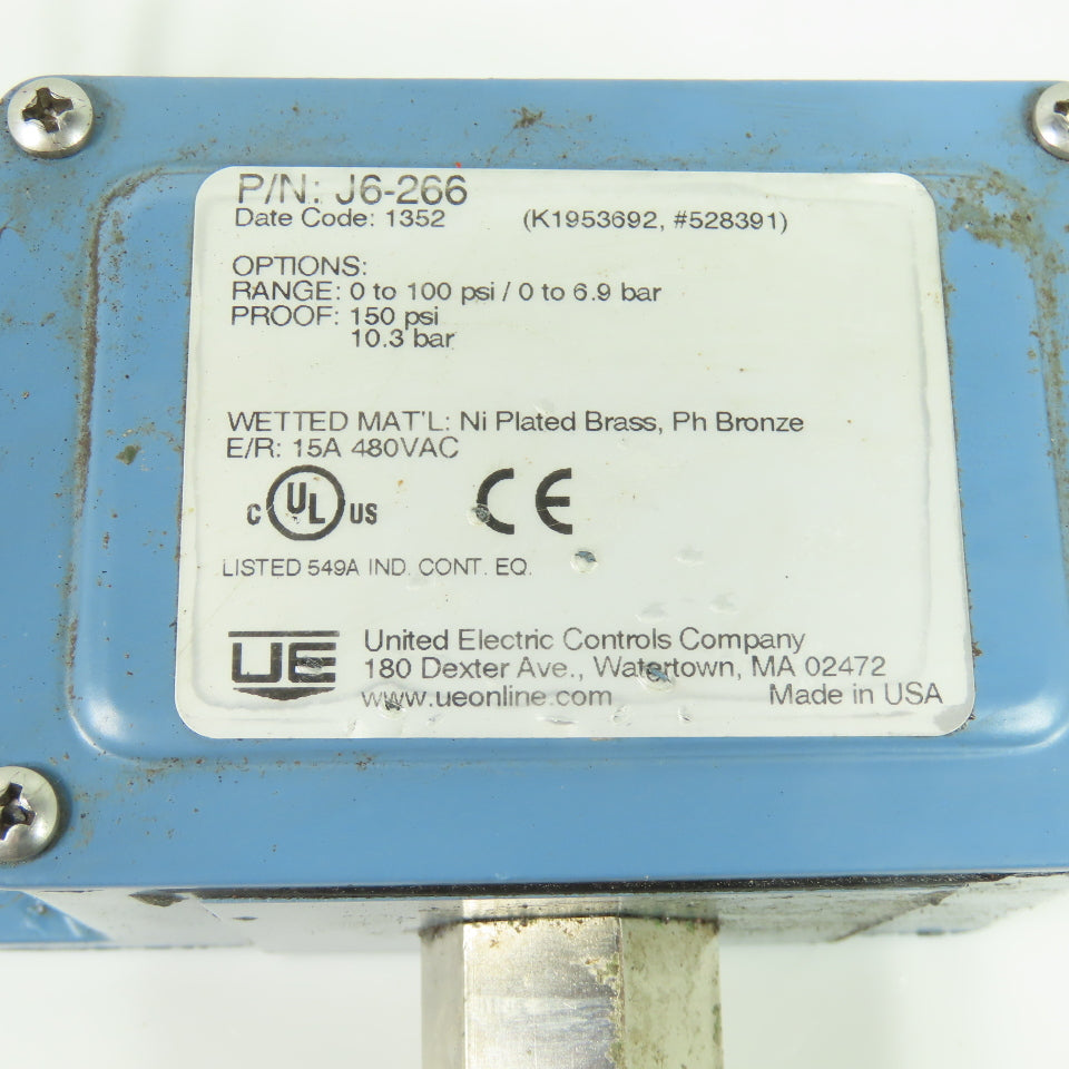 UE United Electric J6-266 Pressure Switch 15A 480VAC 0-100PSI Range 150PSI Proof