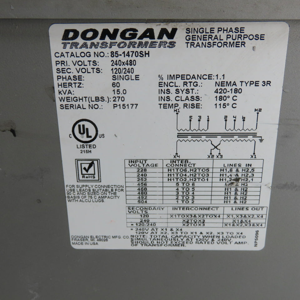 Dongan 85-1470SH 15KVA Transformer 240/480V Pri 120/240V Sec 1Ph Class 180