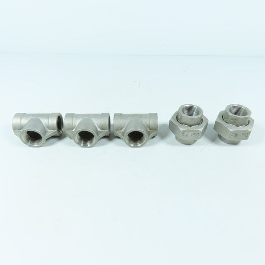 Stainless Steel Pipe Fittings 3/4" NPT (3) Tees (2) Rotary Unions 304SS Lot 5