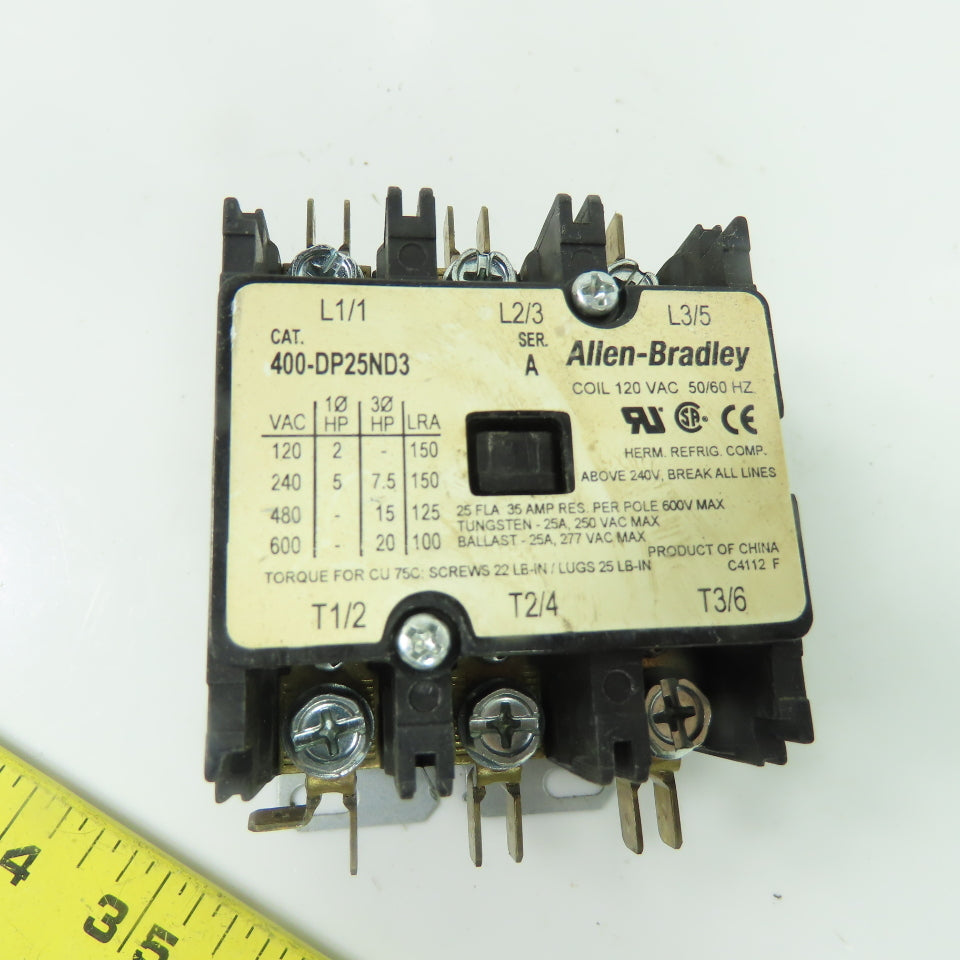 Allen Bradley 400-DP25ND3 Ser A Definite Purpose Contactor 3-Pole 120VAC Coil