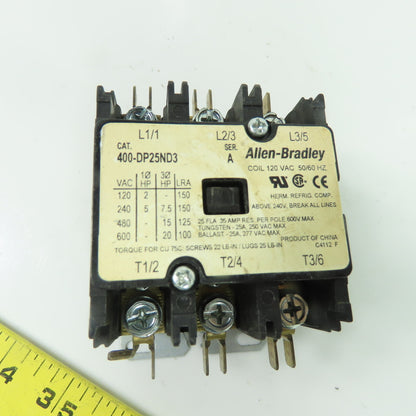 Allen Bradley 400-DP25ND3 Ser A Definite Purpose Contactor 3-Pole 120VAC Coil
