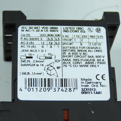 Siemens 3RT1017-2BB41 SIRIUS 3R Contactors 3-Pole 24VDC Coil 1NO Aux 7.5HP Lot/2