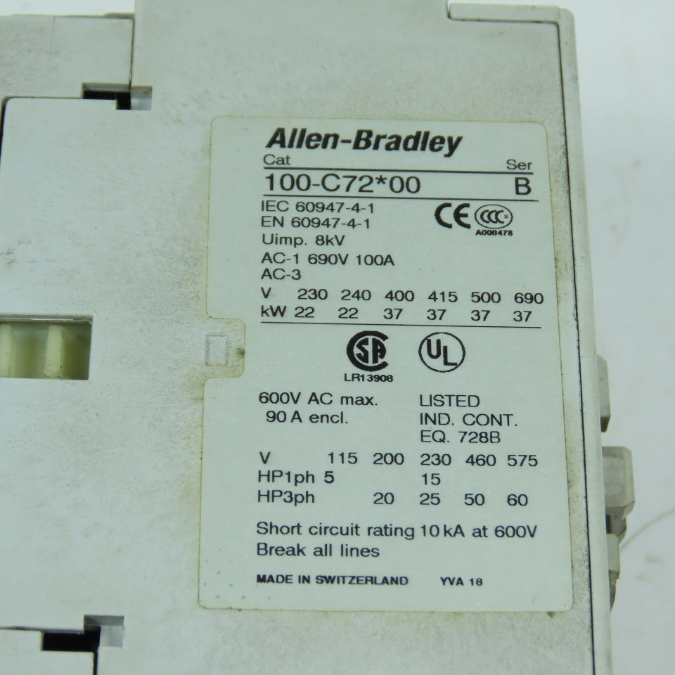 Allen-Bradley 100-C72*00 IEC Contactor 3-Pole 72A 600V Max 50HP @ 460V 120V Coil