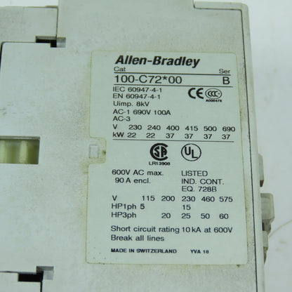 Allen-Bradley 100-C72*00 IEC Contactor 3-Pole 72A 600V Max 50HP @ 460V 120V Coil