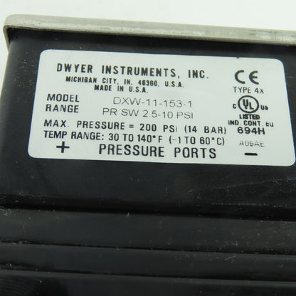 Dwyer DXW-11-153-1 Differential Pressure Switch 2.5-10PSI Range 200PSI 1/4"NPT