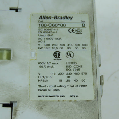 Allen-Bradley 100-C60*00 3-Pole Contactor 60A 120V Coil 40HP 460V