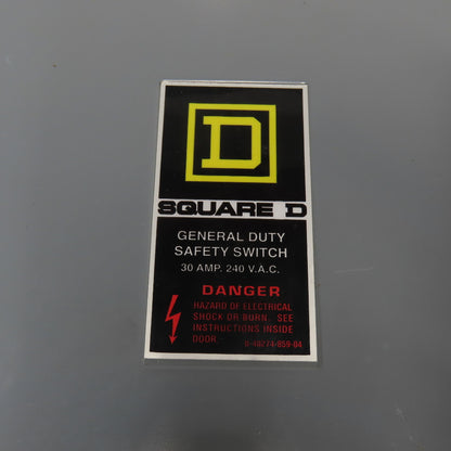Square D D221N 30A General Duty Safety Disconnect Switch 240V
