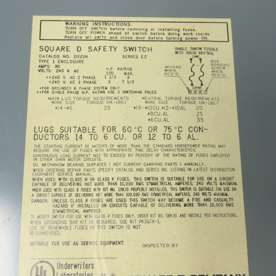 Square D D221N 30A General Duty Safety Disconnect Switch 240V